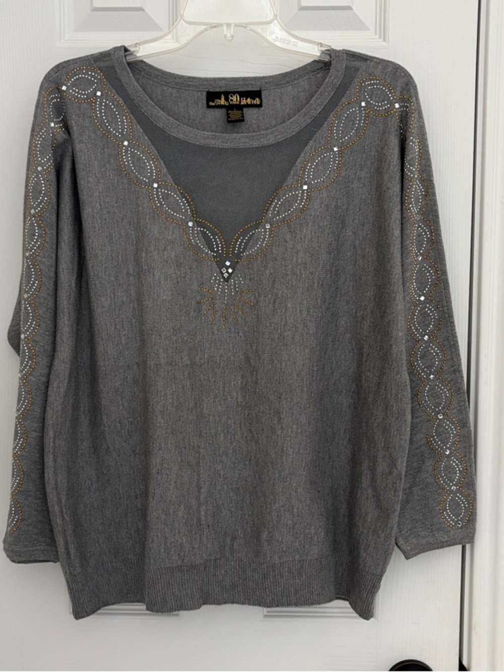 80 Park Gray Embellished V-Neck Pullover